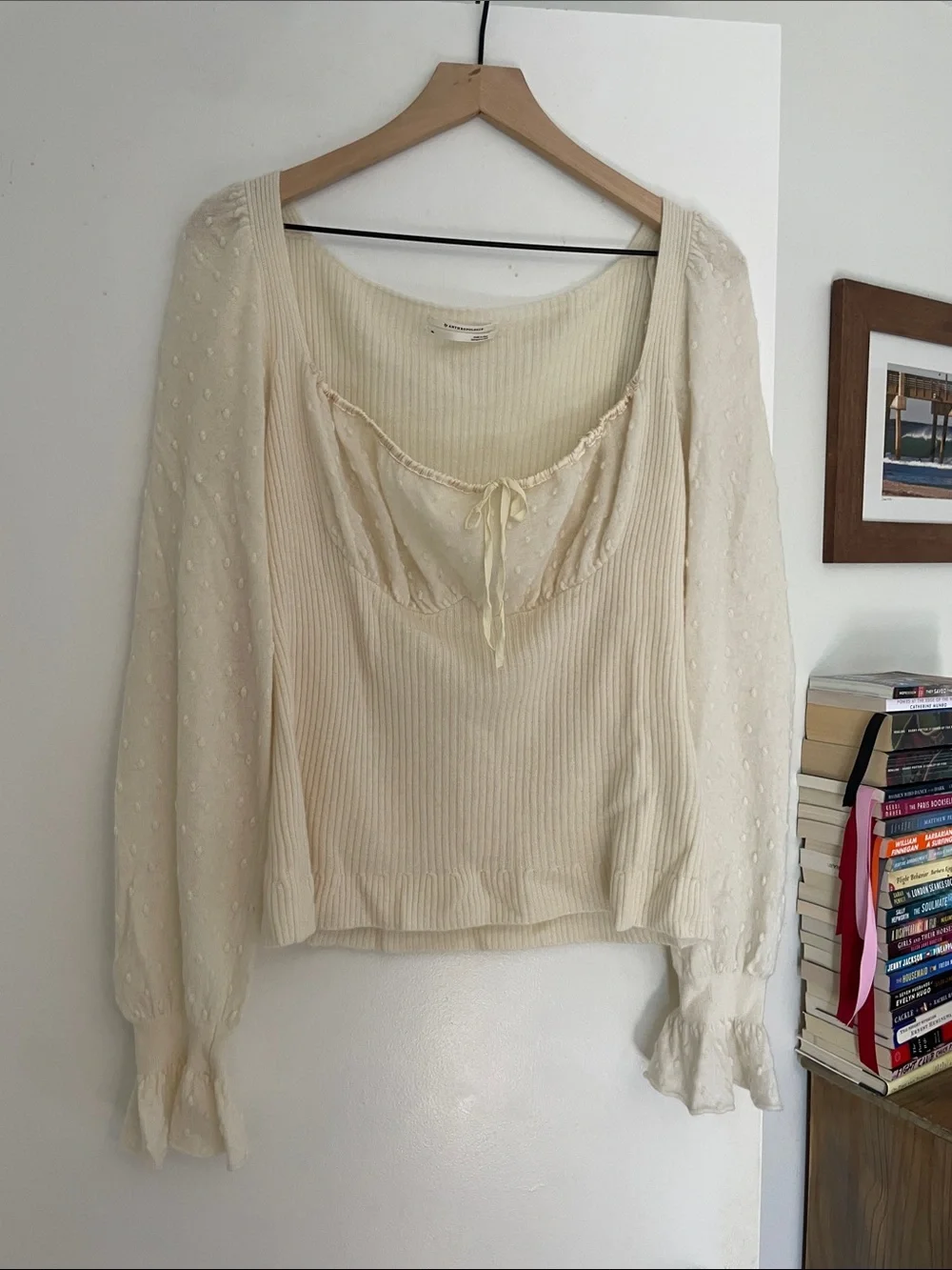 Anthropologie ~ Ivory Swiss Dot Square-Neck Long Sleeve Top